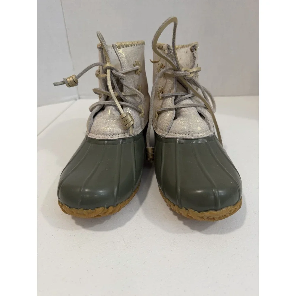 Jack Rogers Women's Duck Rain Boots Size 10 Green Rubber Cream Lace Up